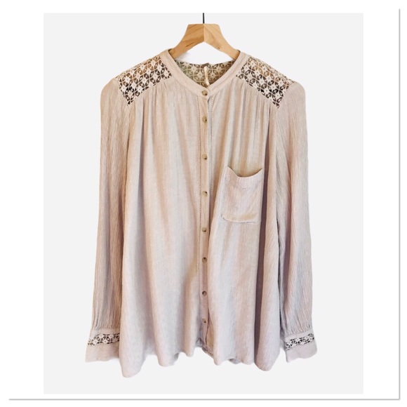 Free People The Best Blouse Top Beige Color See Through Crochet Back Size M - Picture 2 of 7